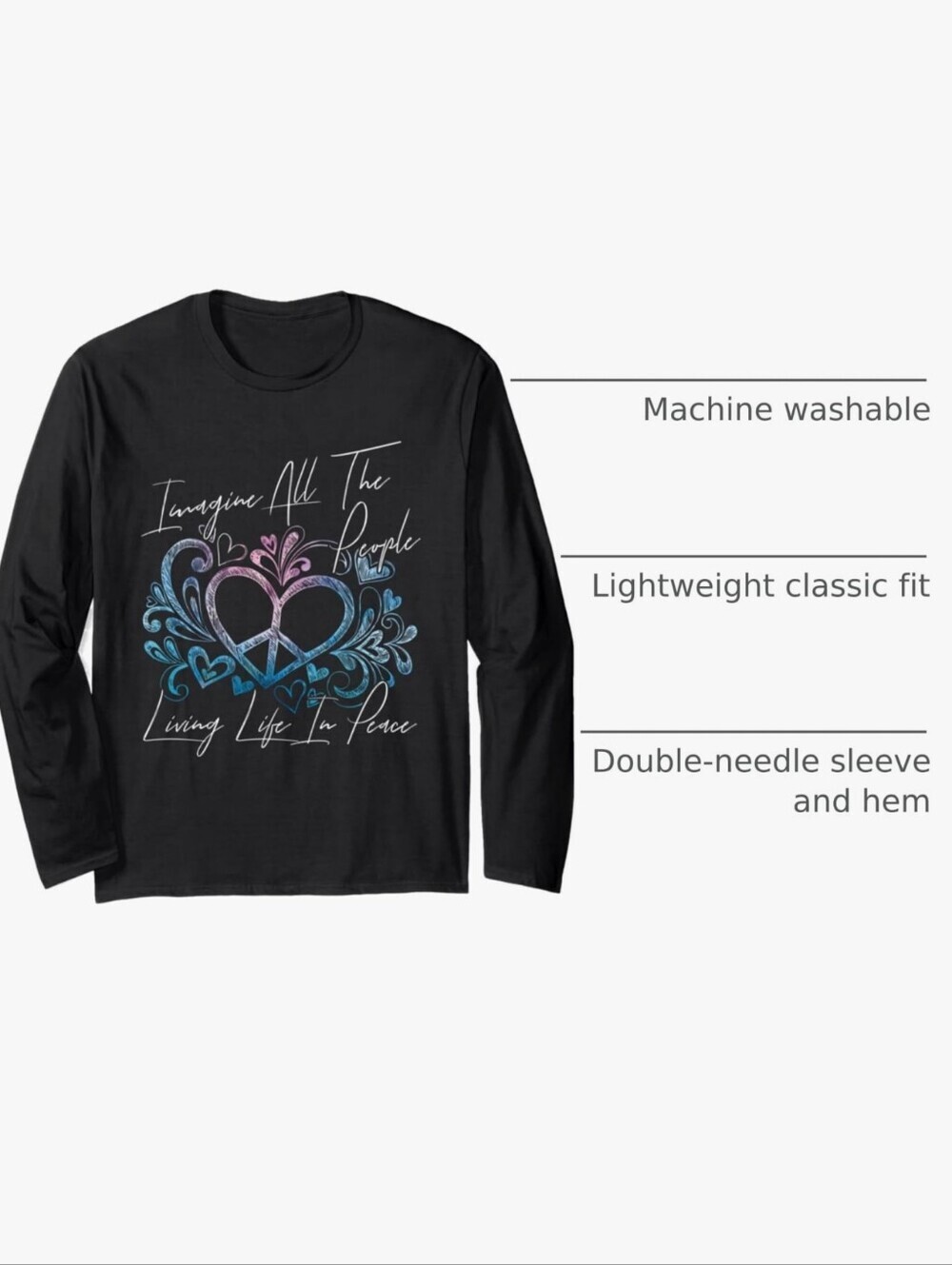 Unisex Long Sleeve Tee Graphics "Imagine All The People Living Life In Peace" - Picture 6 of 6
